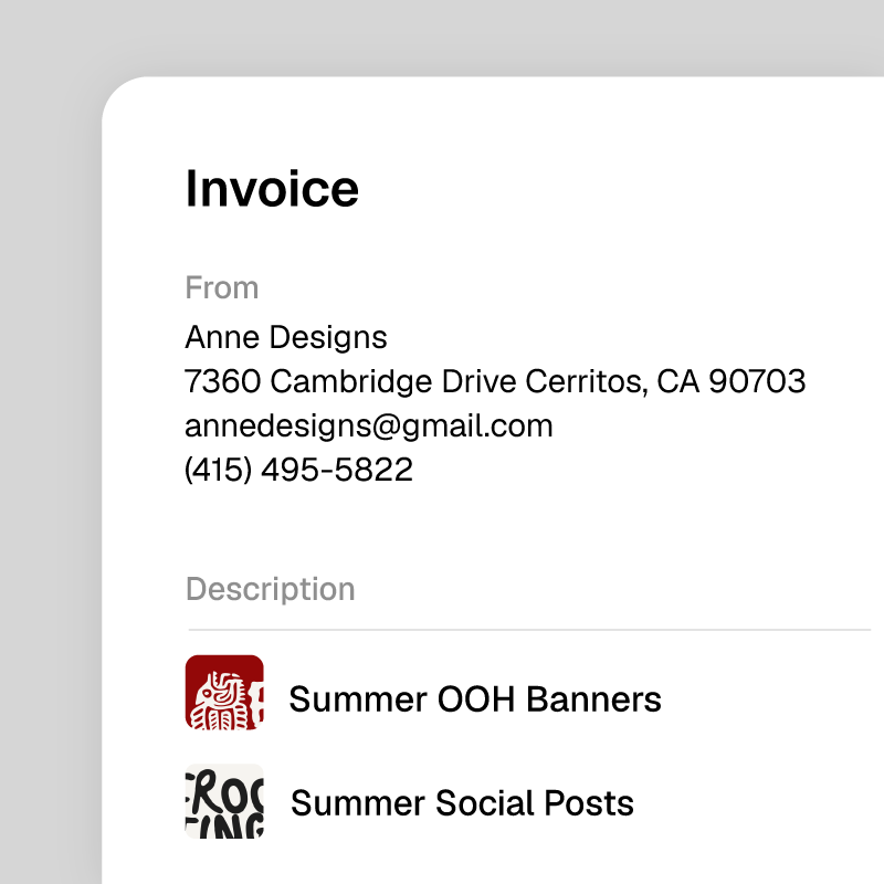 Sleek, branded invoice that looks professional and gets you paid on the spot